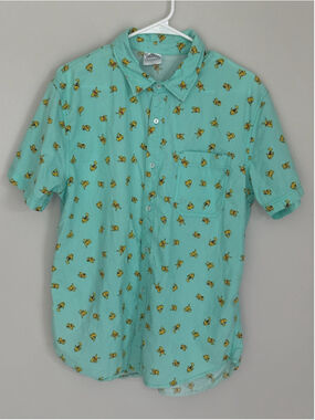 Men's Pokémon Casual Button Down Shirt Size L Teal Yellow Pikachu Print
